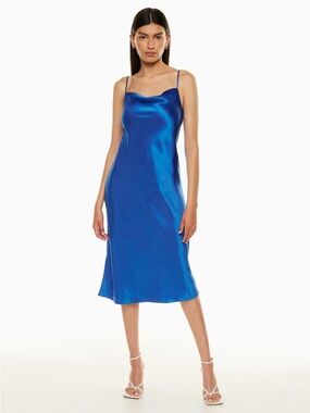 Aritzia Babaton Cobalt Blue Model Satin Cowl Neck Midi Slip Dress - Medium